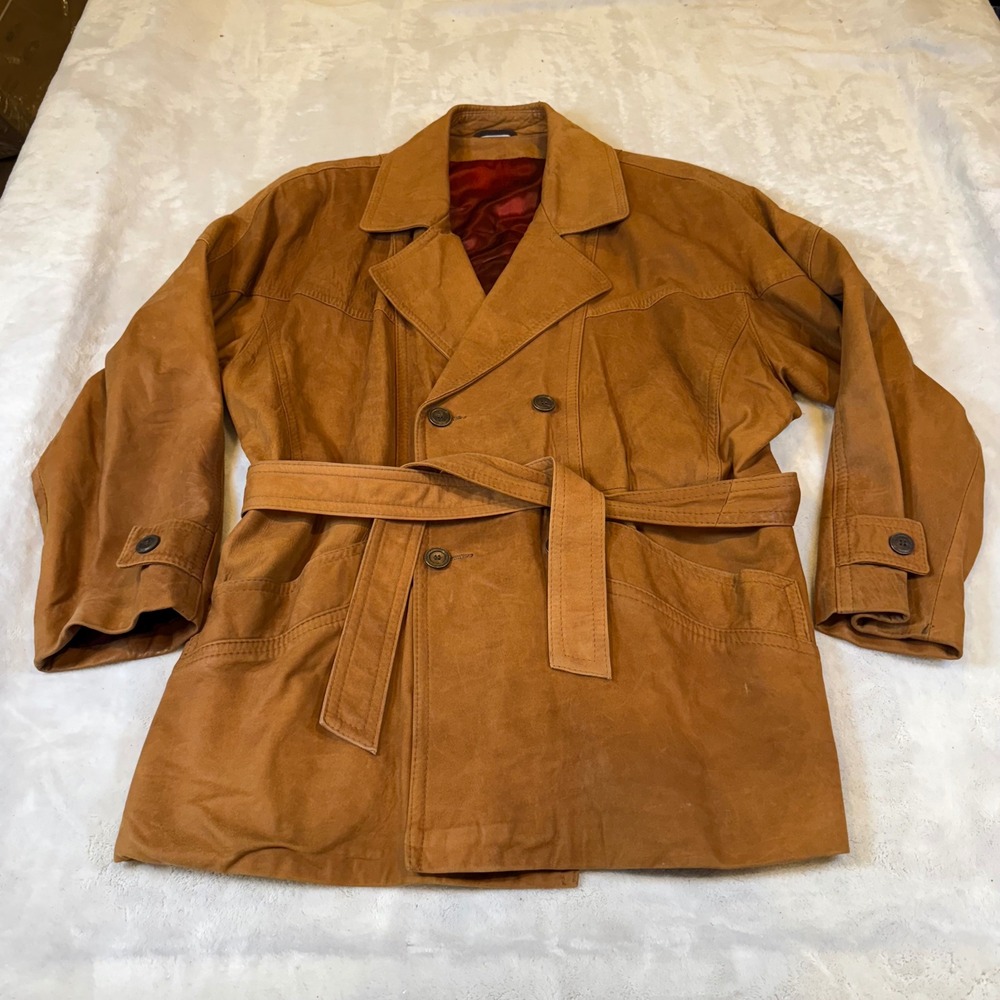 Vintage Jeno de Paris Mens Tan Leather Double Breasted Trench Coat Belted 46